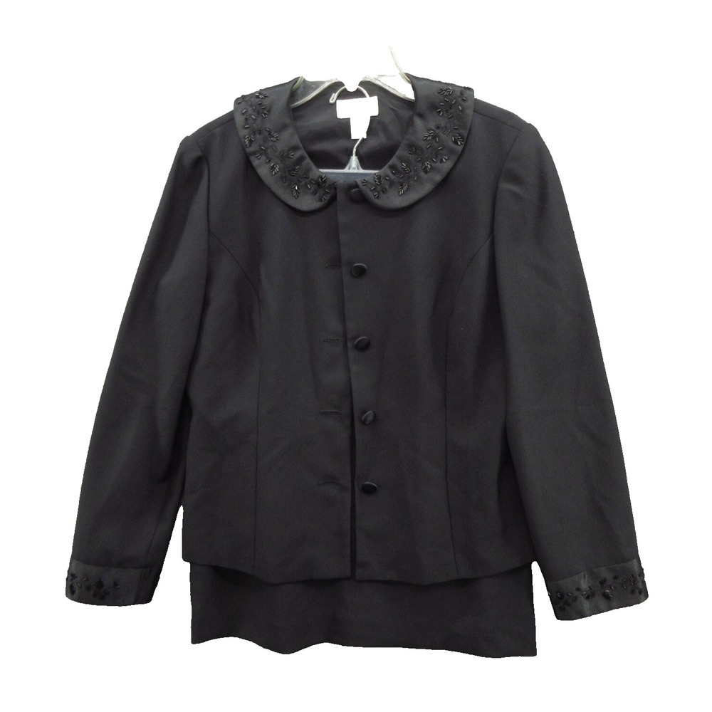 Talbots Women's 2 Piece Skirt Suit Size 10P Black Solid 100% Polyester Beaded